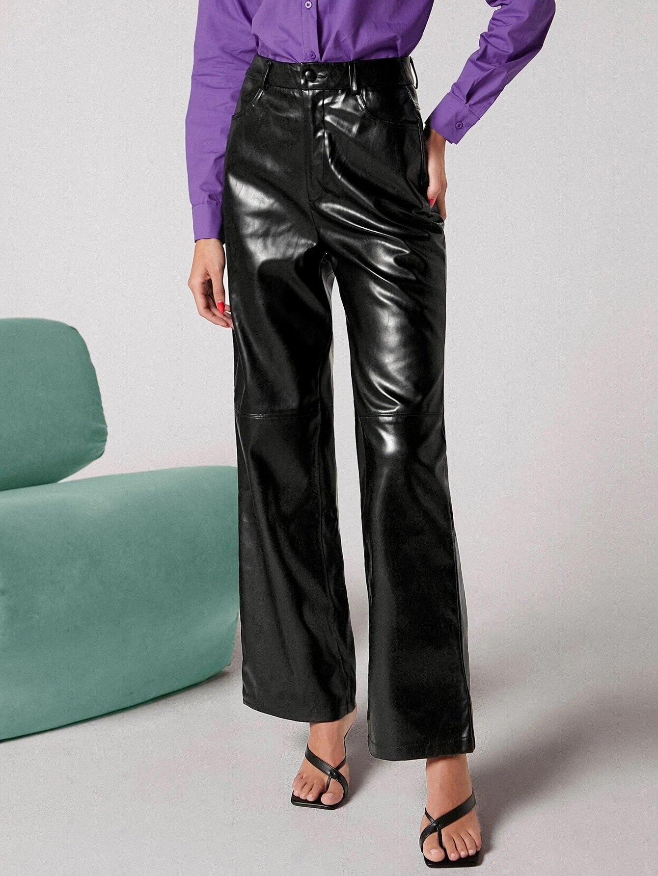 CM-BS111339 Women Elegant Seoul Style Zipper Fly Palazzo PU Pants - Black