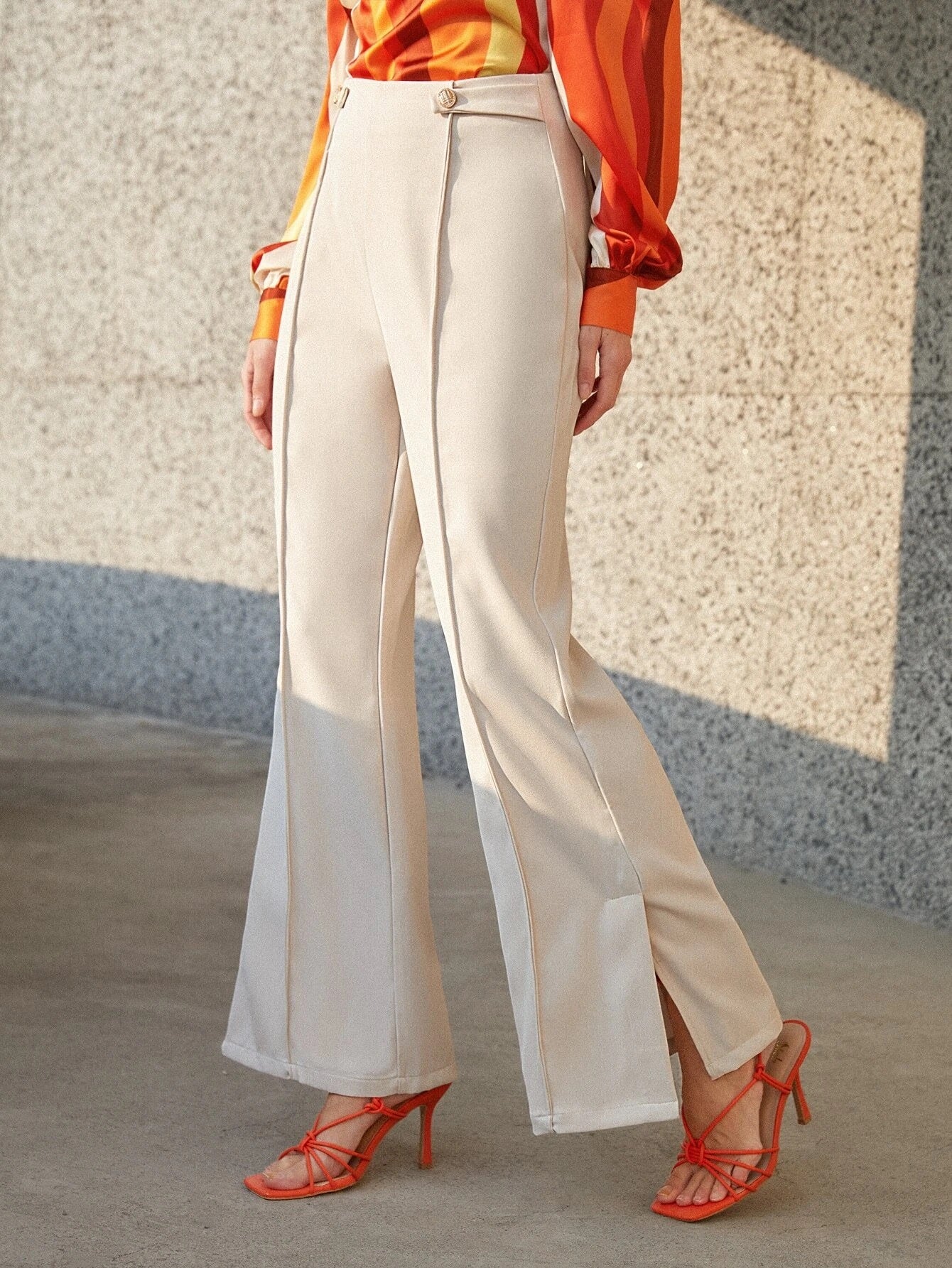 CM-BS040616 Women Elegant Seoul Style Seam Detail Split Hem Flare Leg Pants - Beige