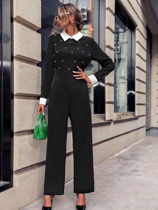 CM-JS714161 Women Elegant Seoul Style Contrast Collar Pearls Beaded Jumpsuit - Black