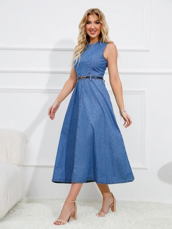 CM-DS653170 Women Elegant Seoul Style Round Neck Sleeveless Zip Back Denim Dress