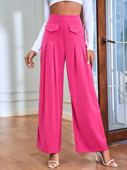 CM-BS441197 Women Casual Seoul Style High Waist Flap Detail Wide Leg Pants - Hot Pink