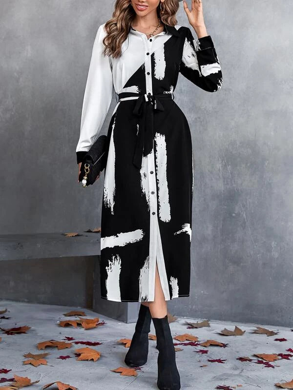 CM-DS369334 Women Trendy Bohemian Style Brush Print Belted Shirt Dress