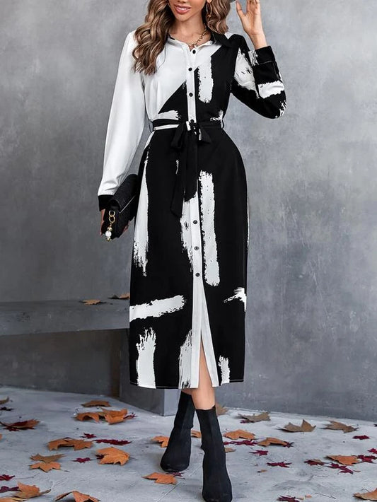 CM-DS369334 Women Trendy Bohemian Style Brush Print Belted Shirt Dress