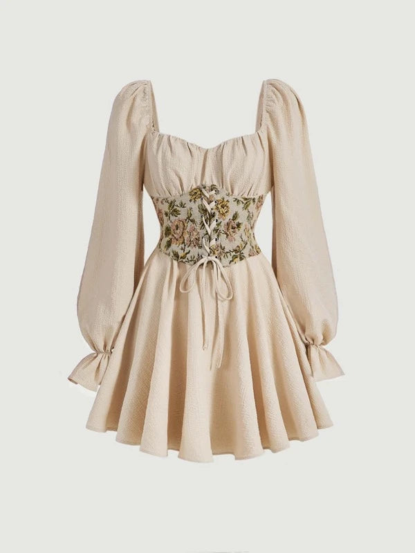 CM-DS134413 Women Trendy Bohemian Style Sweetheart Neck Flounce Sleeve Lace Up Corset Dress