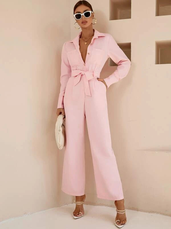 CM-JS255021 Women Elegant Seoul Style Dual Pocket Belted Jumpsuit - Baby Pink