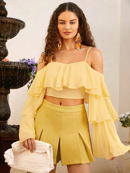 CM-TS186019 Women Trendy Bohemian Style Cold Shoulder Ruffle Trim Flounce Sleeve Crop Top