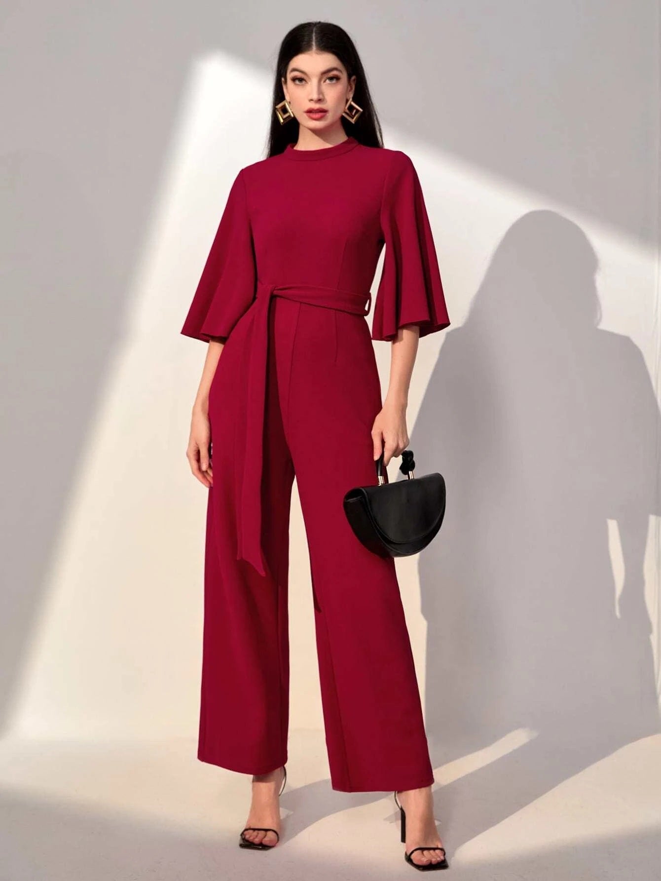 CM-JS124404 Women Elegant Seoul Style Solid Flounce Sleeve Belted Jumpsuit - Burgundy