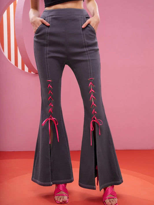 CM-BS231122 Women Casual Seoul Style Lace Up Front Split Hem Flare Leg Pants - Dark Gray
