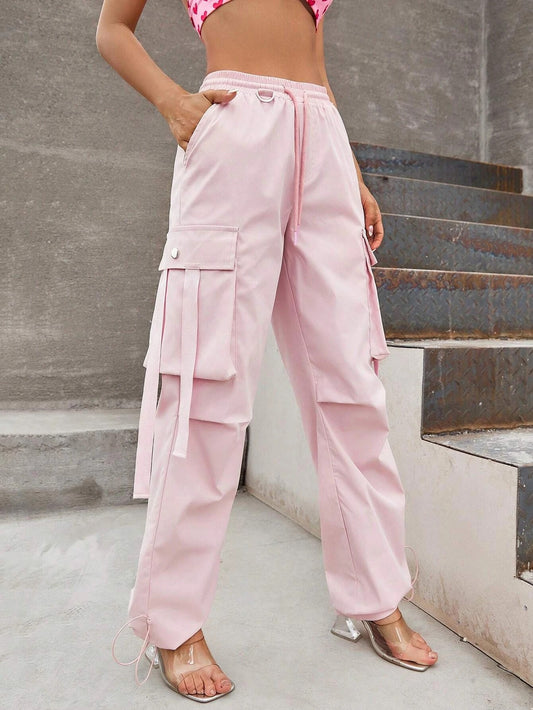 CM-BS460579 Women Casual Seoul Style Flap Pocket Side Drawstring Waist Cargo Pants