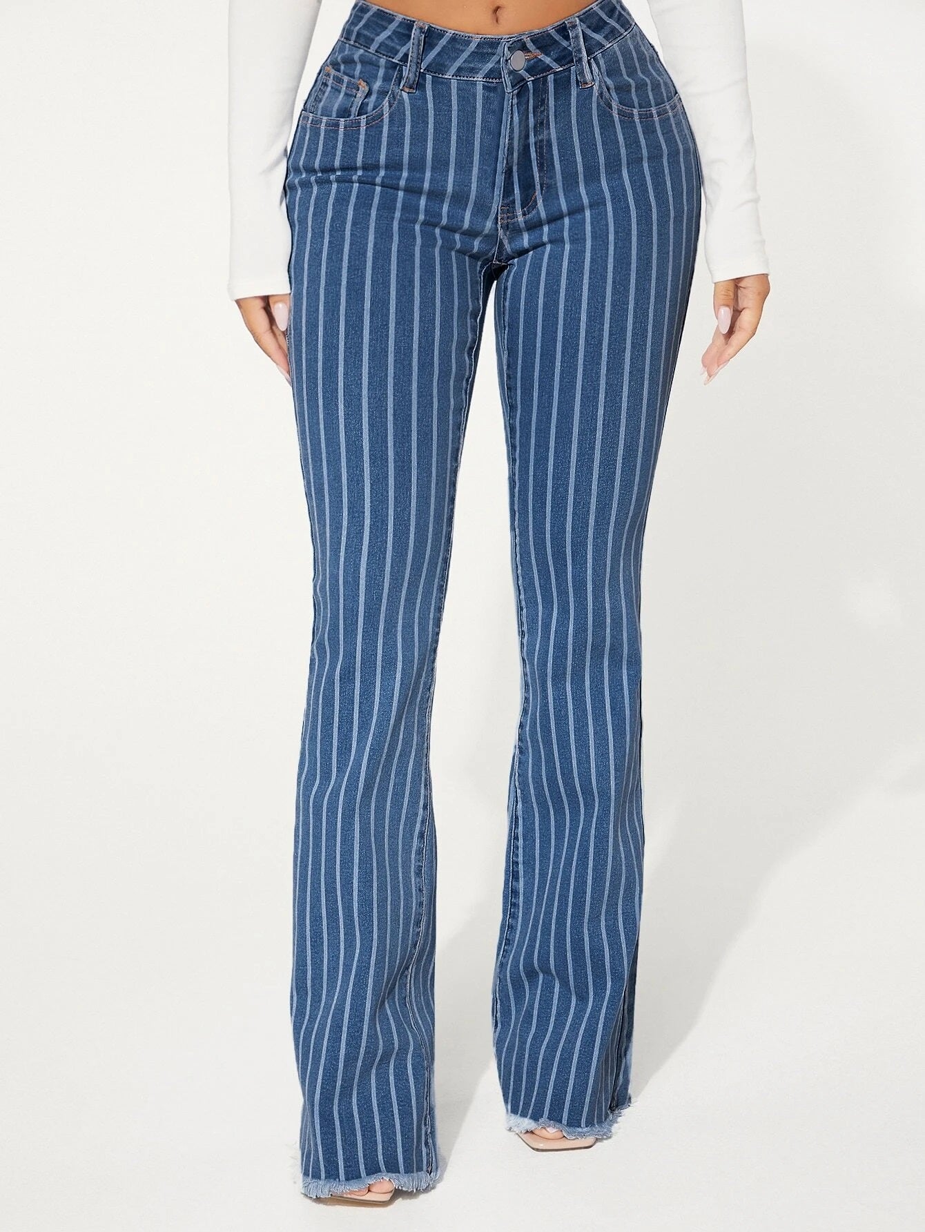 CM-BS367633 Women Preppy Seoul Style Medium Wash Drop Waist Striped Pattern Flare Leg Jeans