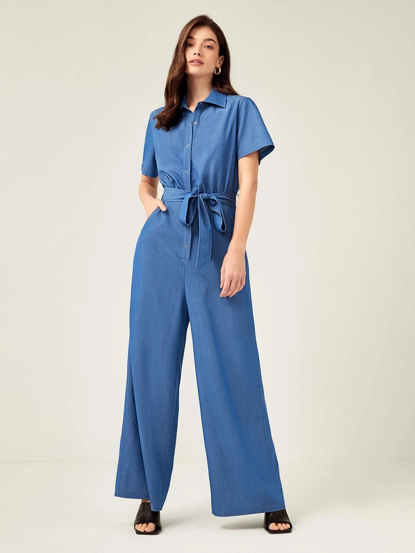 CM-JS779867 Women Elegant Seoul Style Short Sleeve Hidden Pocket Belted Jumpsuit - Blue