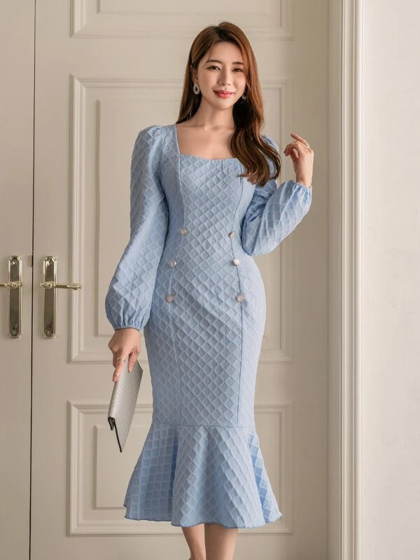 CM-DS179415 Women Elegant Seoul Style Square Neck Lantern Sleeve Mermaid Hem Jacquard Dress