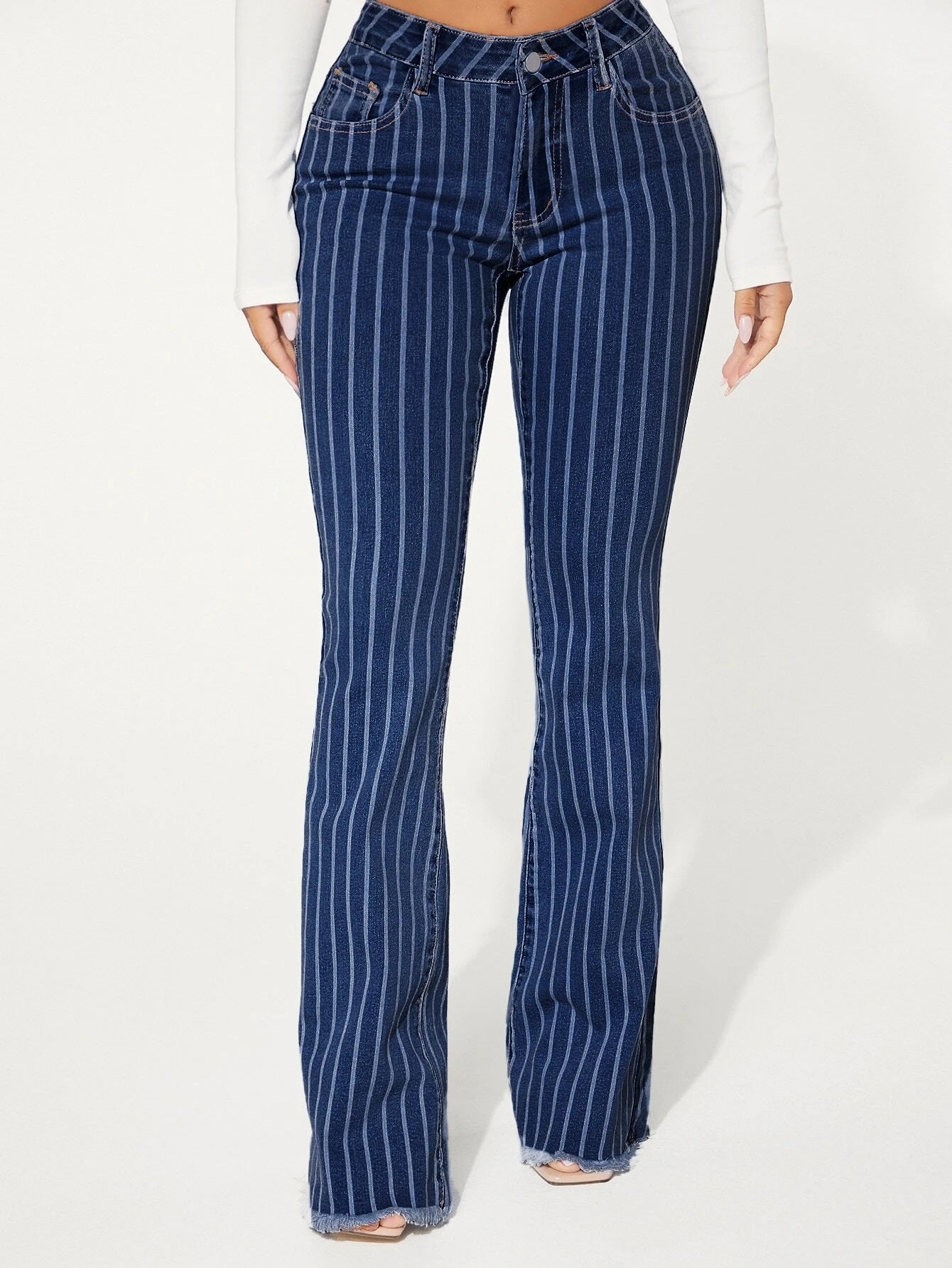 CM-BS332260 Women Preppy Seoul Style Dark Wash Drop Waist Striped Pattern Flare Leg Jeans