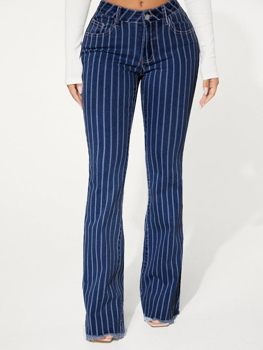 CM-BS332260 Women Preppy Seoul Style Dark Wash Drop Waist Striped Pattern Flare Leg Jeans
