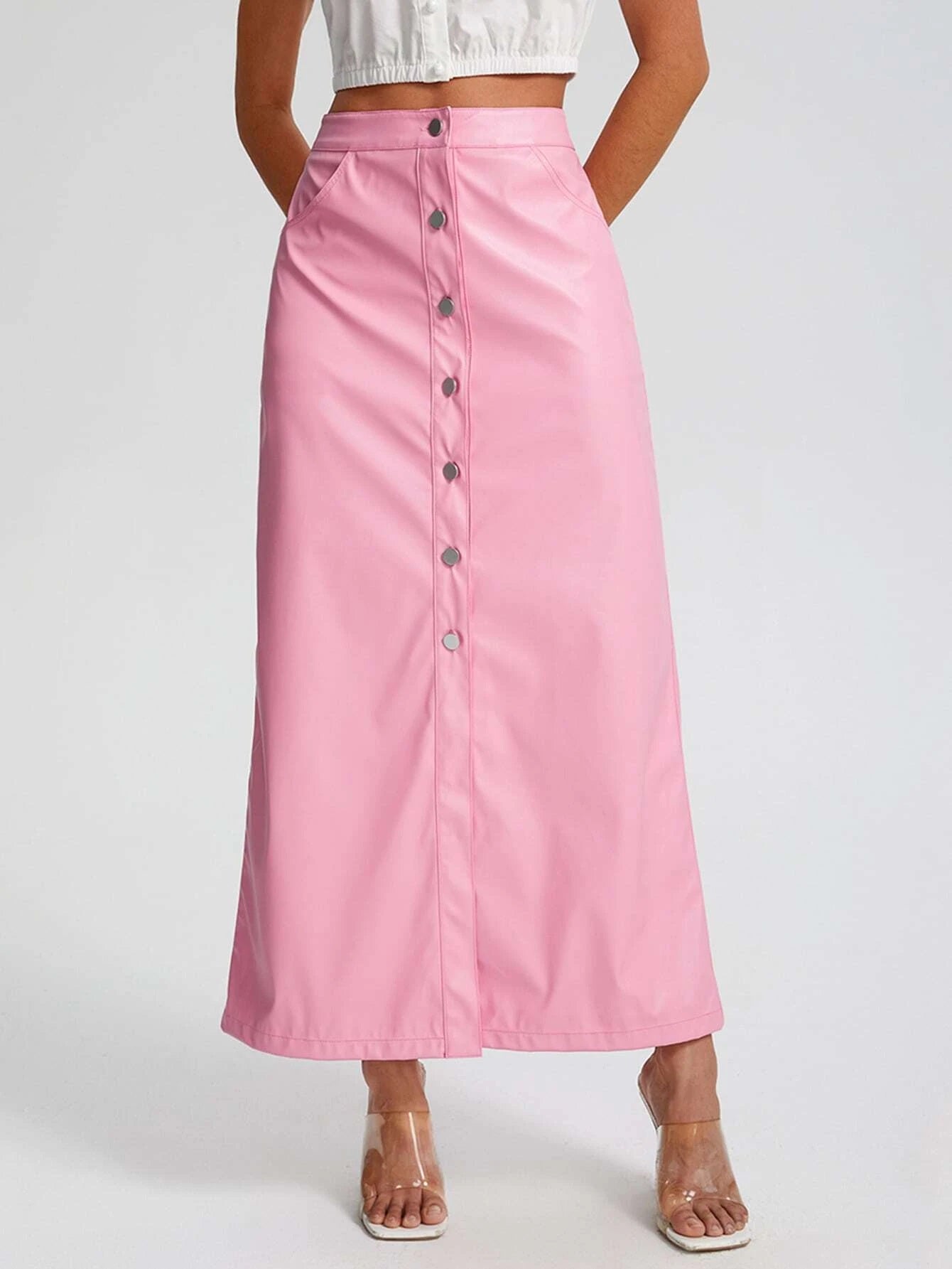 CM-BS538820 Women Elegant Seoul Style High Waist Button Front PU Leather Skirt - Pink