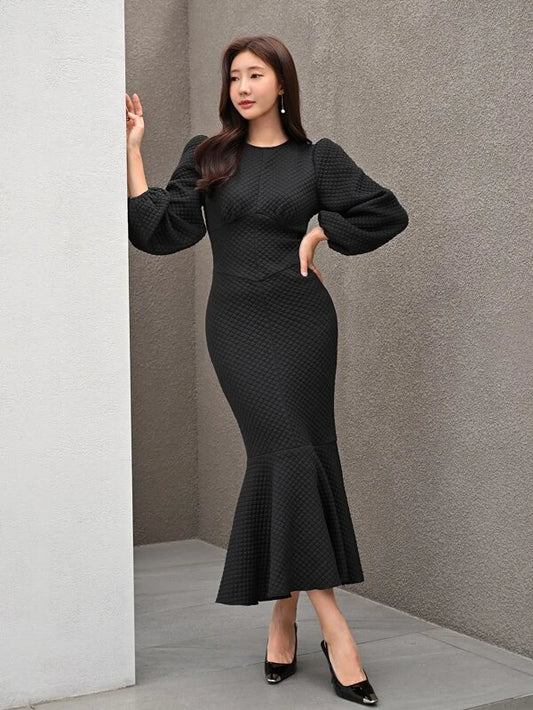 CM-DS702691 Women Elegant Seoul Style Solid Bishop Sleeve Mermaid Dress - Black
