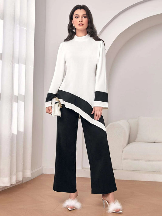 CM-SS189161 Women Elegant Seoul Style Mock Neck Colorblock Asymmetrical Hem Top With Pants - Set