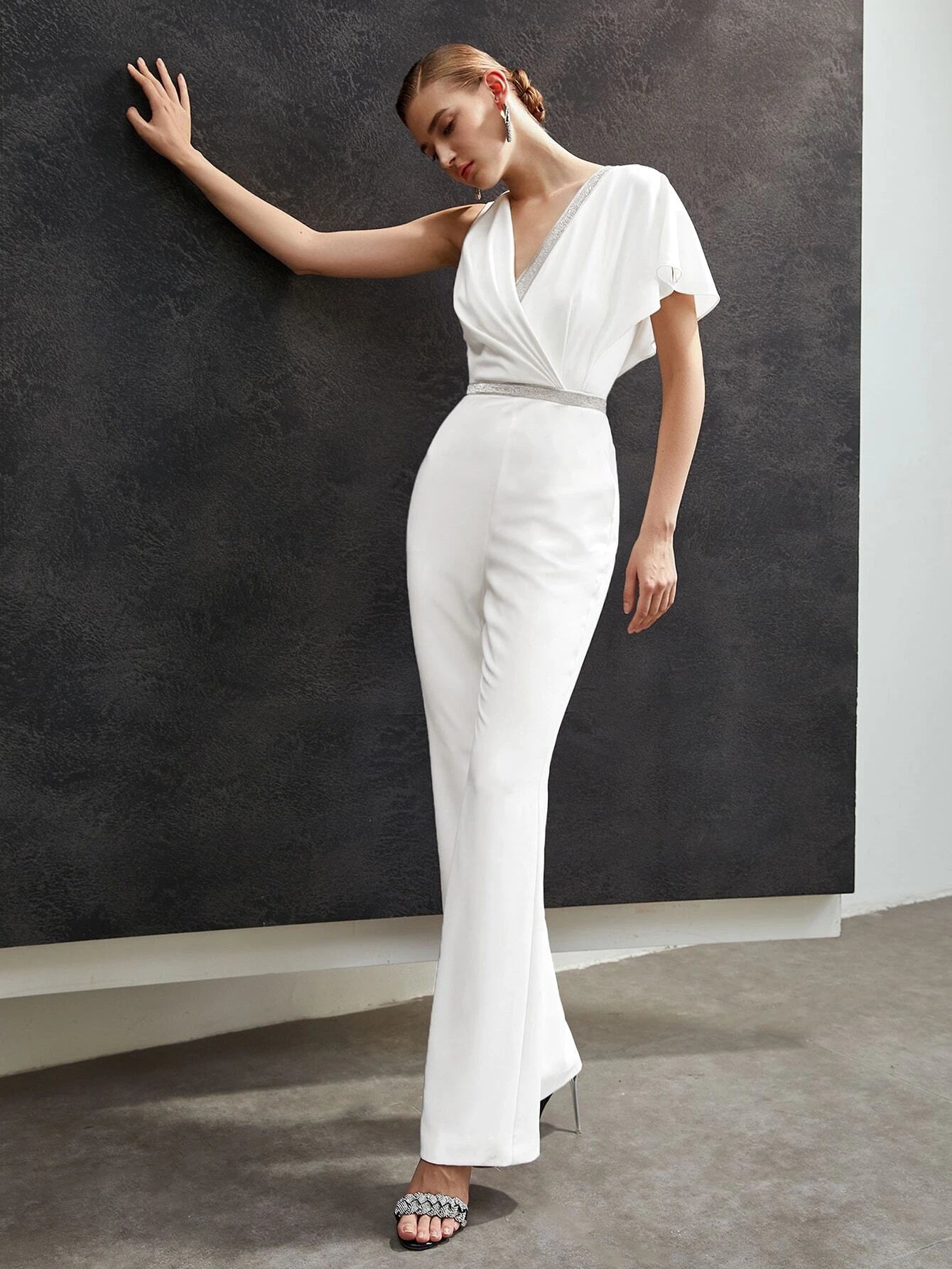 CM-JS651109 Women Elegant Seoul Style Glitter Tape Asymmetrical Jumpsuit - White