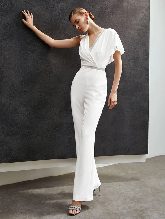 CM-JS651109 Women Elegant Seoul Style Glitter Tape Asymmetrical Jumpsuit - White