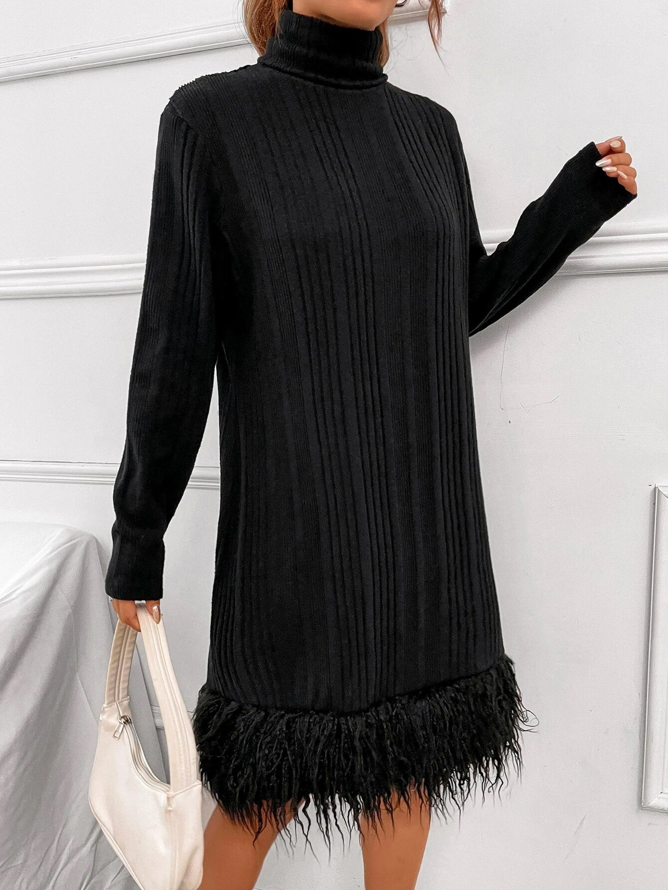 CM-DS758469 Women Elegant Seoul Style Turtleneck Fuzzy Hem Tee Dress - Black