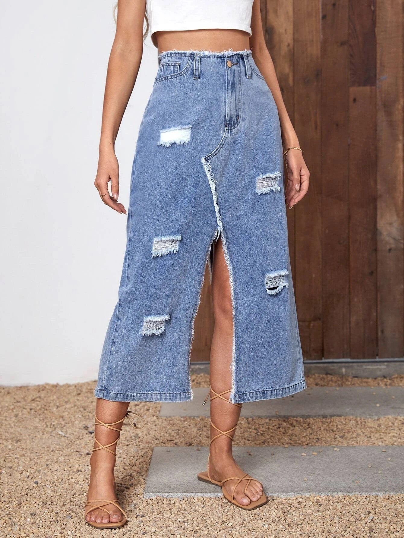 CM-BS910312 Women Casual Seoul Style High Waist Ripped Split Thigh Denim Skirt