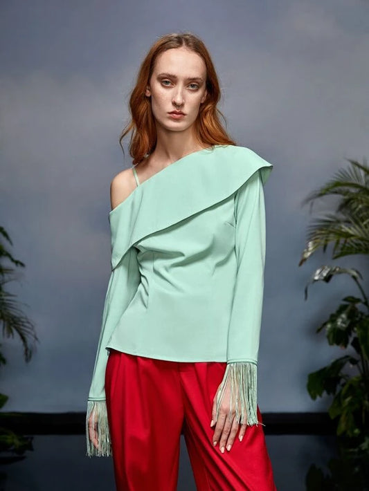 CM-TS521195 Women Elegant Seoul Style Asymmetrical Neck Fringe Trim Top - Mint Green