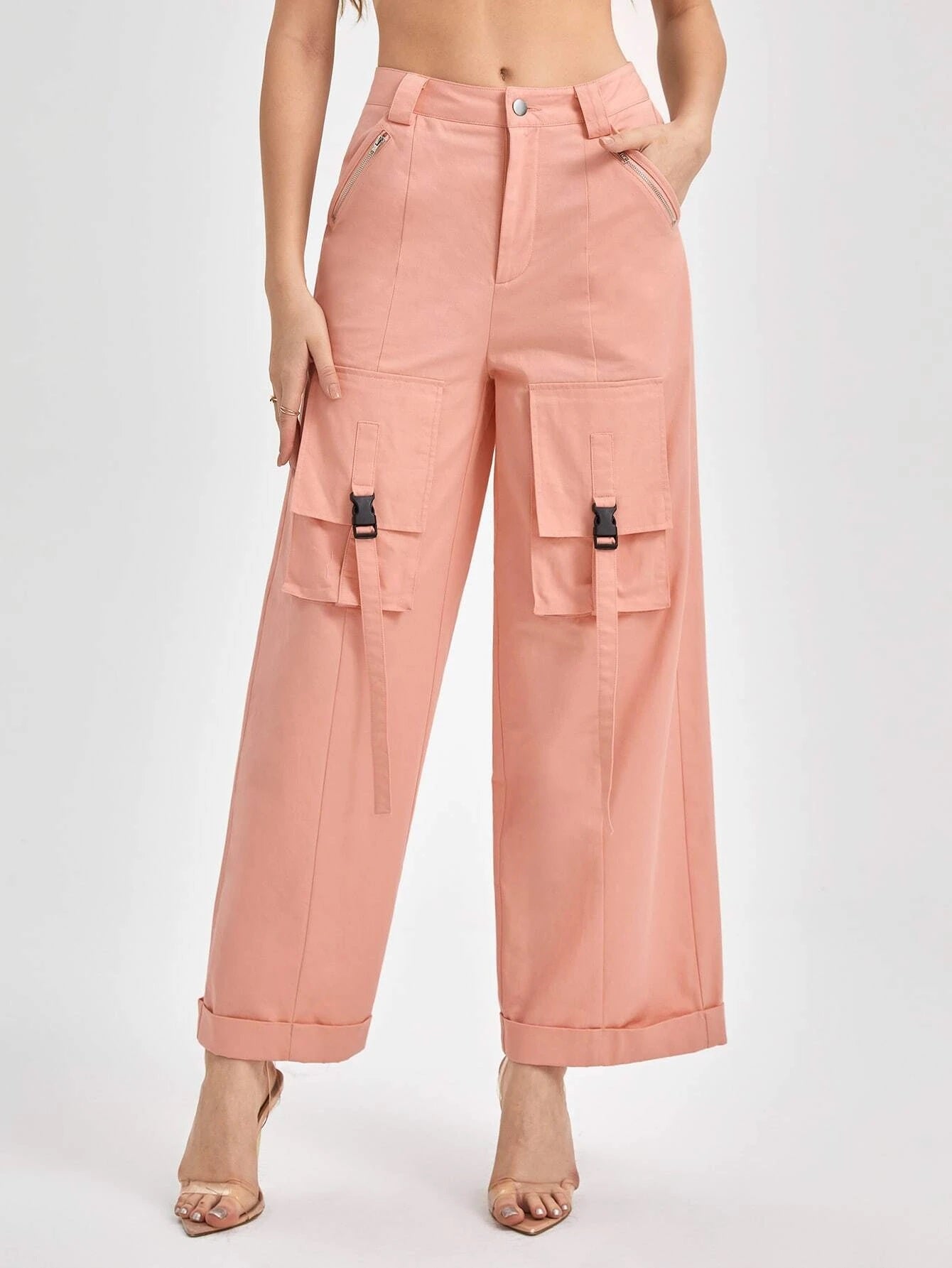 CM-BS762326 Women Casual Seoul Style Streetwear Flap Pocket Wide Leg Pants - Coral Pink