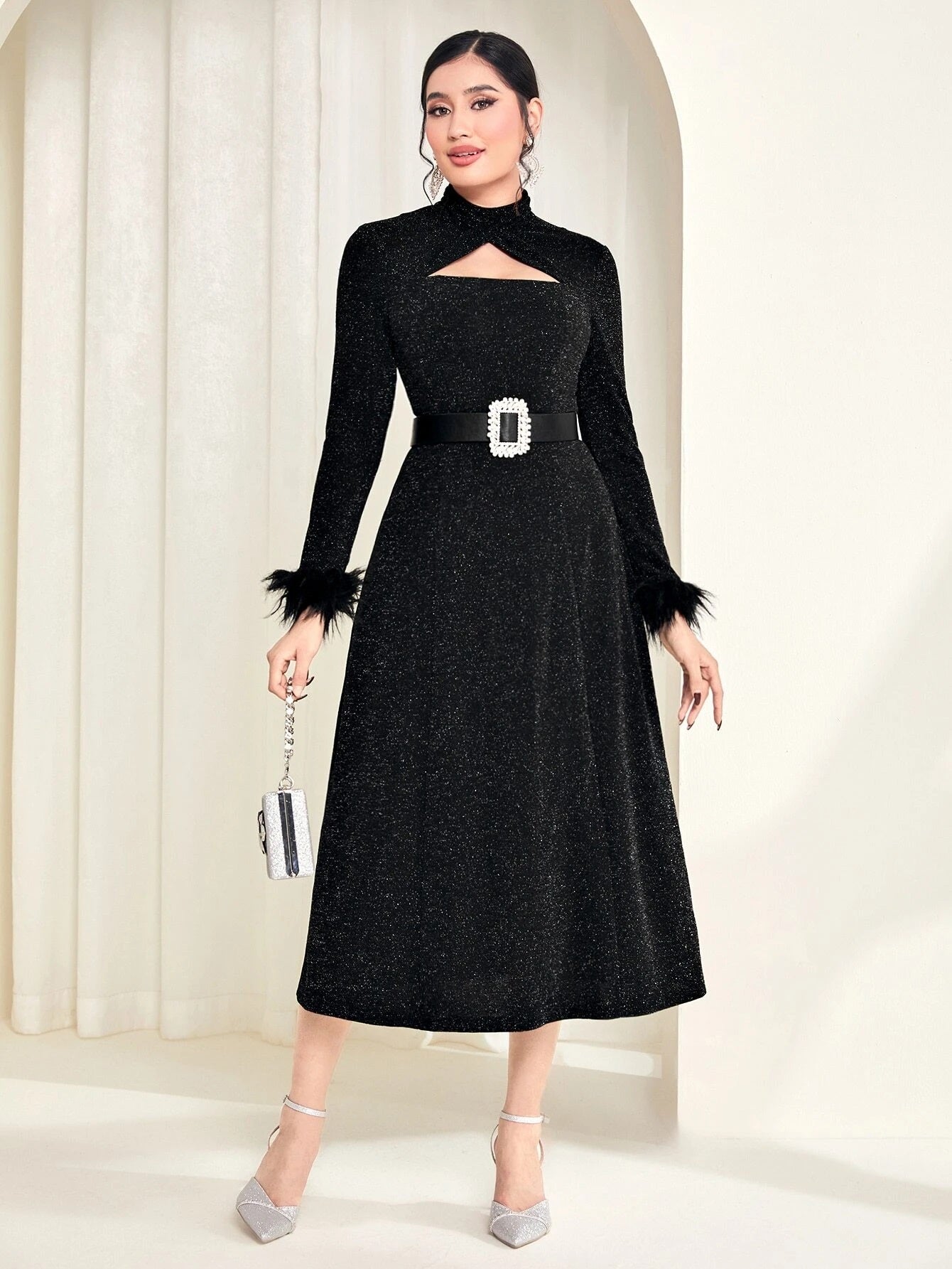 CM-DS825140 Women Elegant Seoul Style Fuzzy Cuff Cut Out Front Glitter Dress - Black