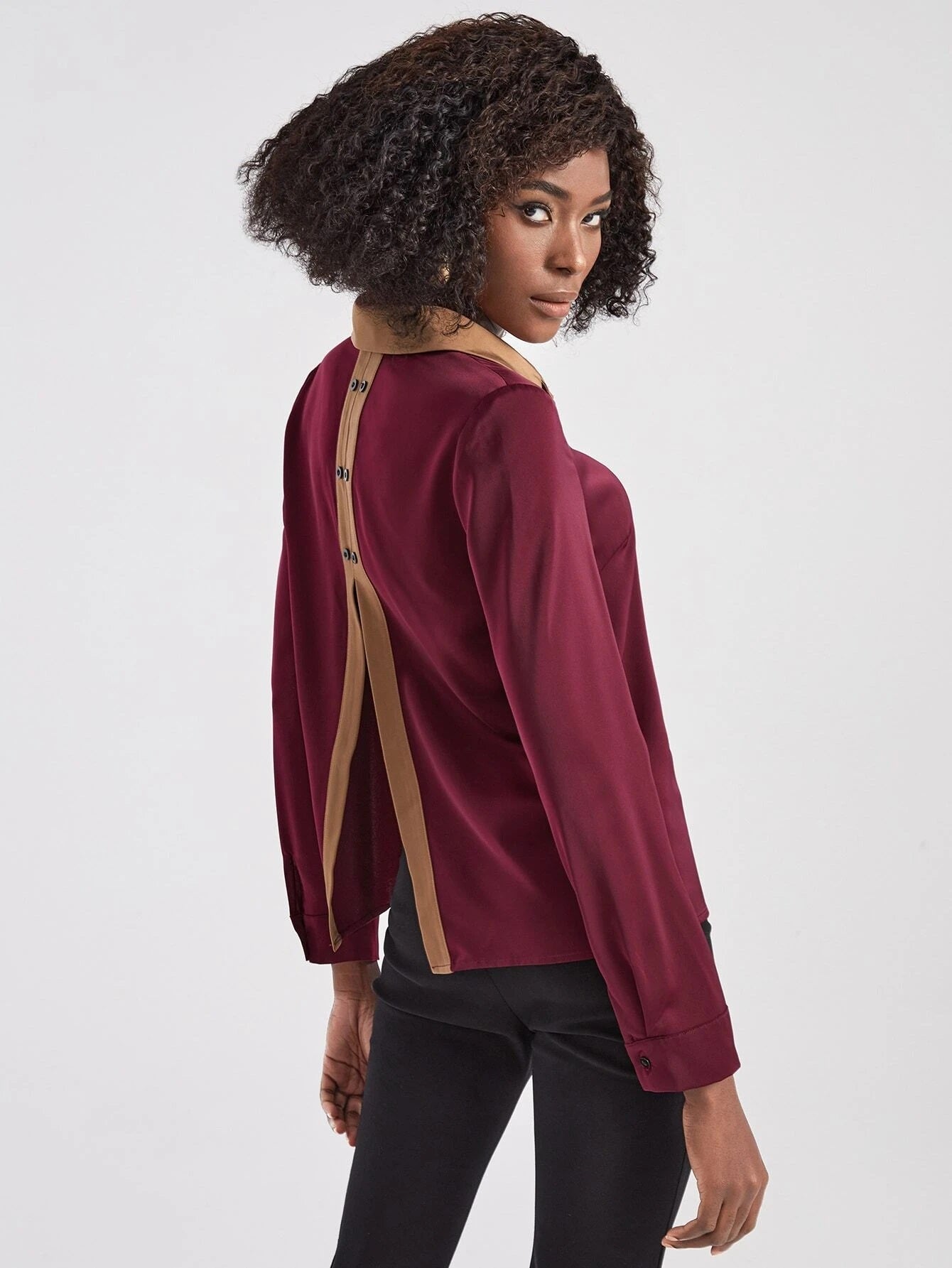 CM-TS460111 Women Elegant Seoul Style Contrast Trim Button Back Shirt - Burgundy