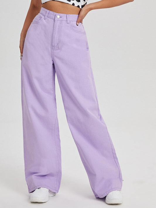 CM-BS309320 Women Preppy Seoul Style High-Rise Wide Leg Jeans - Purple