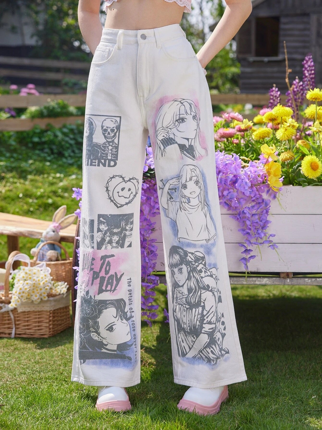 CM-BS162000 Women Preppy Seoul Style Kawaii Figure Graphic Wide Leg Jeans - White