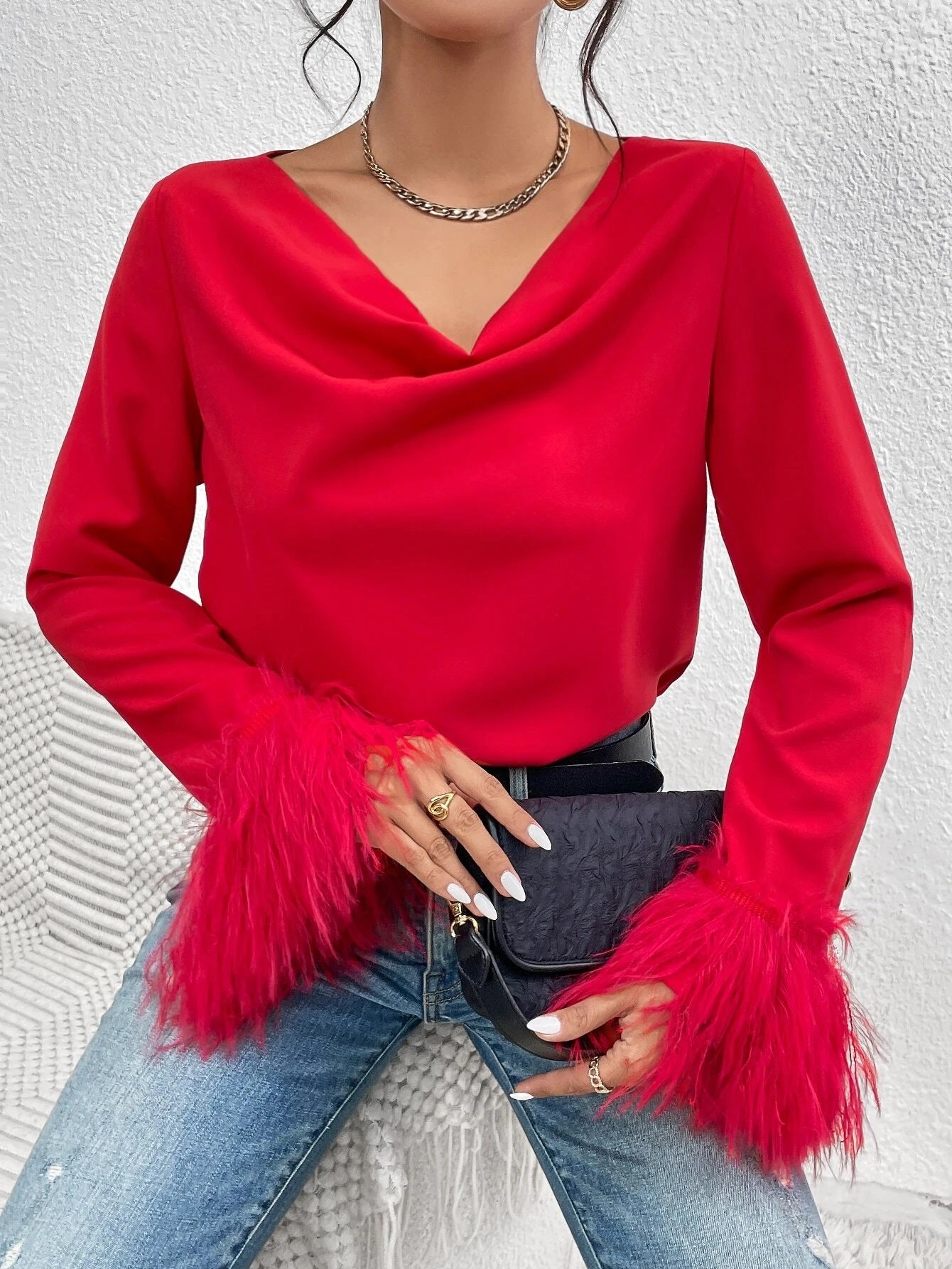 CM-TS875687 Women Elegant Seoul Style Draped Collar Fuzzy Cuff Blouse - Red