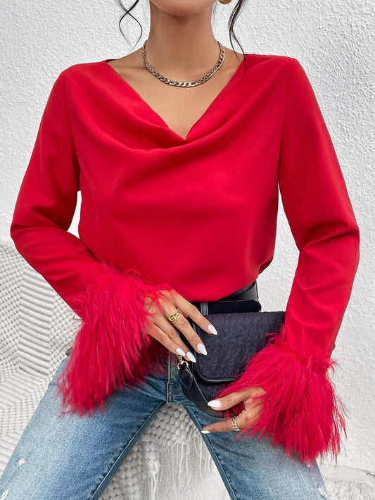 CM-TS875687 Women Elegant Seoul Style Draped Collar Fuzzy Cuff Blouse - Red