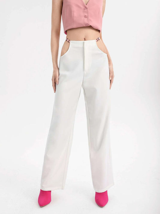 CM-BS139161 Women Casual Seoul Style Cut Out Waist Wide Leg Pants - White