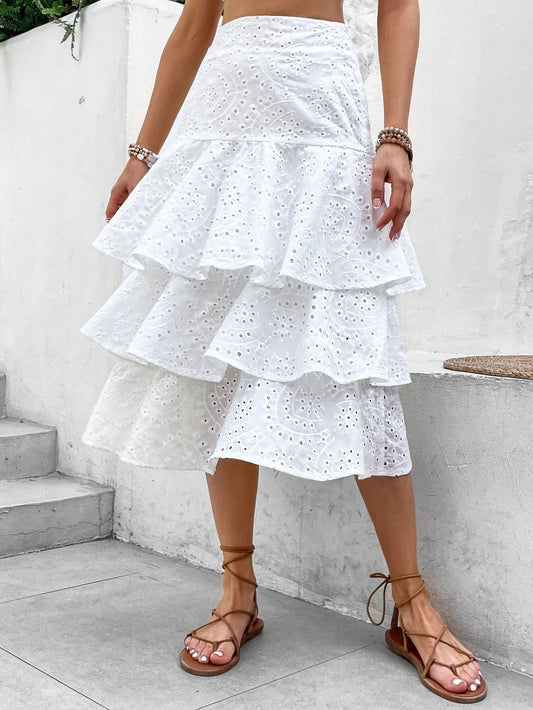 CM-BS440190 Women Trendy Bohemian Style High Waist Layer Hem Schiffy Skirt - White