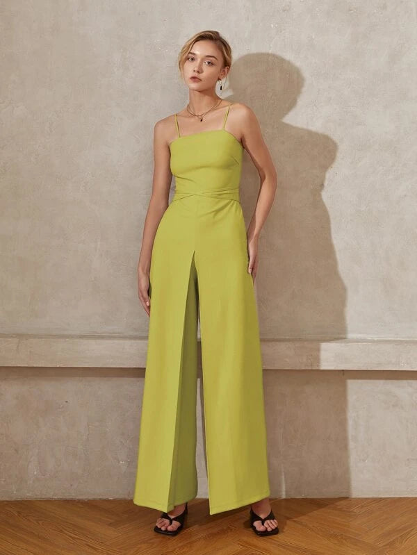 CM-JS683683 Women Elegant Seoul Style Solid Wide Leg Cami Jumpsuit - Olive Green