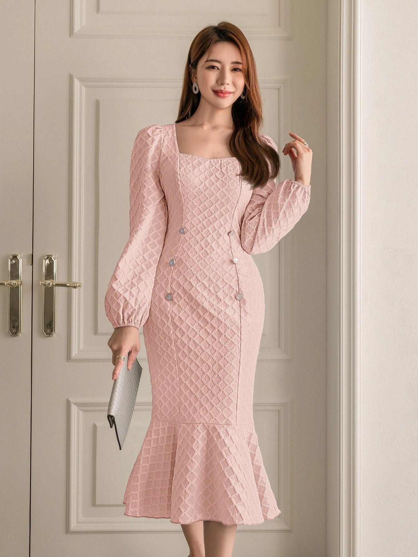 CM-DS418182 Women Elegant Seoul Style Square Neck Lantern Sleeve Mermaid Hem Jacquard Dress
