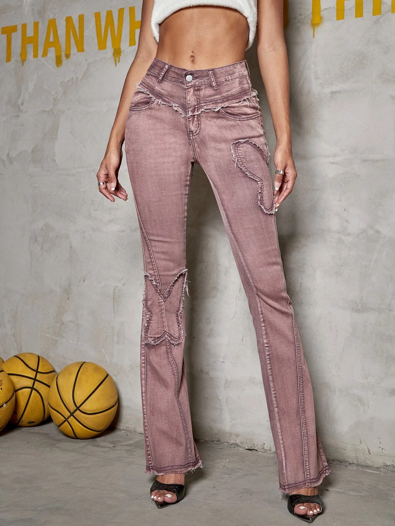 CM-BS388992 Women Vintage Seoul Style Butterfly Pattern Raw Hem Bootcut Jeans - Dusty Pink