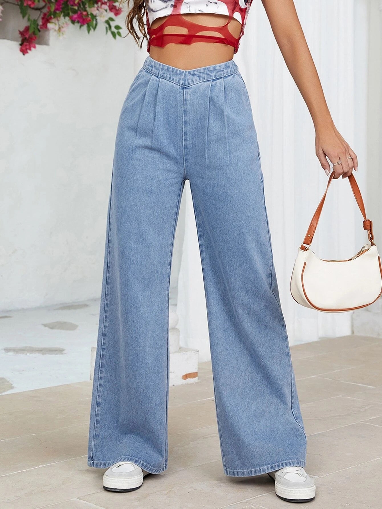 CM-BS136861 Women Preppy Seoul Style Light Wash Pleated Detail Wide Leg Jeans