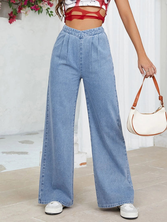 CM-BS136861 Women Preppy Seoul Style Light Wash Pleated Detail Wide Leg Jeans