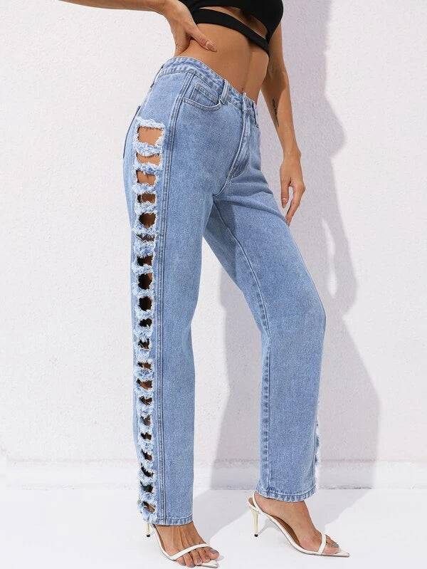 CM-BS888885 Women Elegant Seoul Style Ladder Cut Out Frayed Straight Leg Jeans