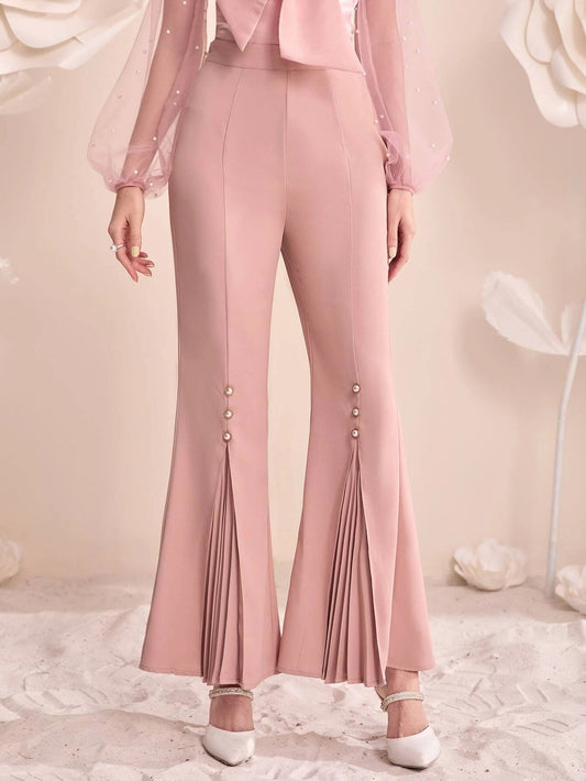 CM-BS820169 Women Elegant Seoul Style Pearls Beaded Pleated Panel Flare Leg Pants