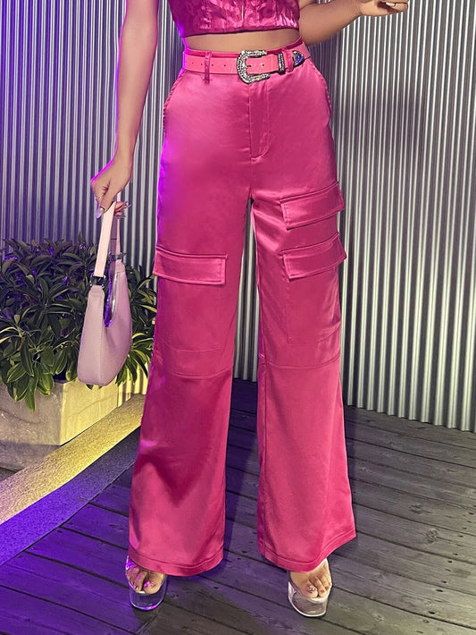 CM-BS754074 Women Elegant Seoul Style Flap Pocket Belted Satin Wide Leg Pants - Pink