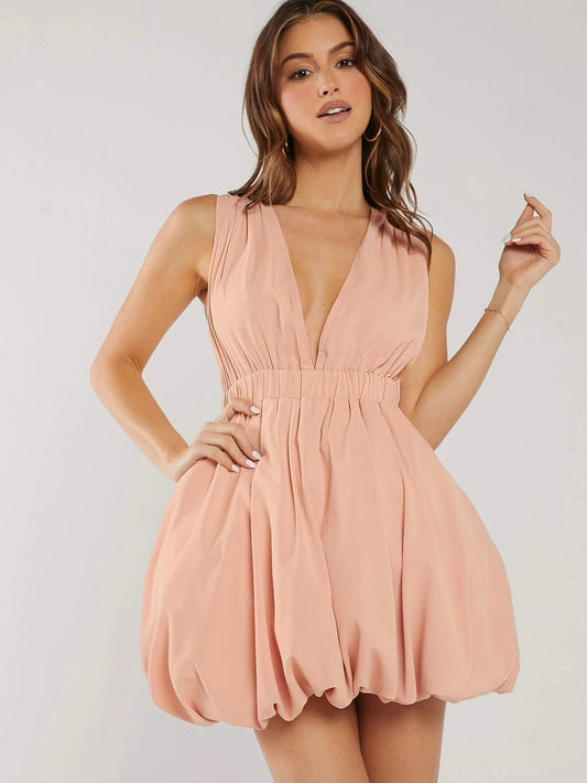 CM-DS399233 Women Elegant Seoul Style Plunging Neck Ruched Waistband Flare Hem Dress