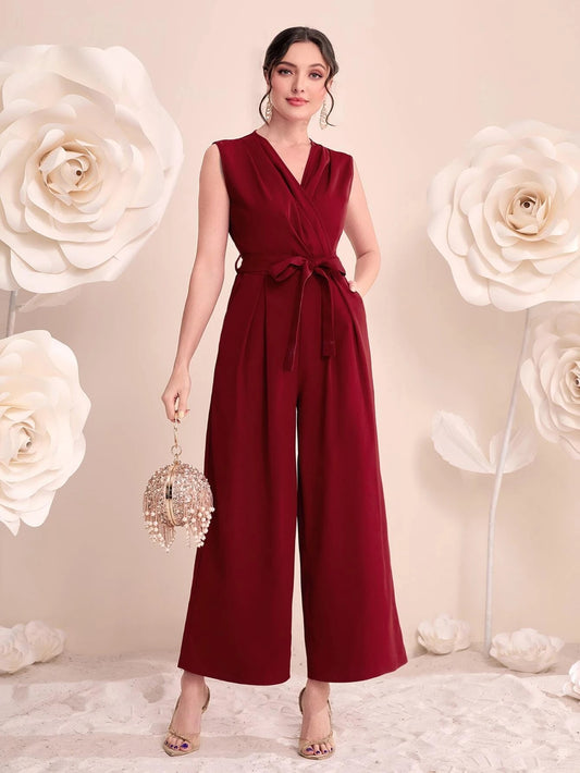 CM-JS300010 Women Elegant Seoul Style Surplice Neck Belted Wide Leg Jumpsuit - Burgundy