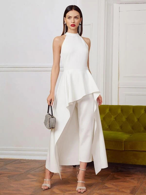 CM-JS202946 Women Elegant Seoul Style Zipper Back Solid Halter Jumpsuit With Skirt