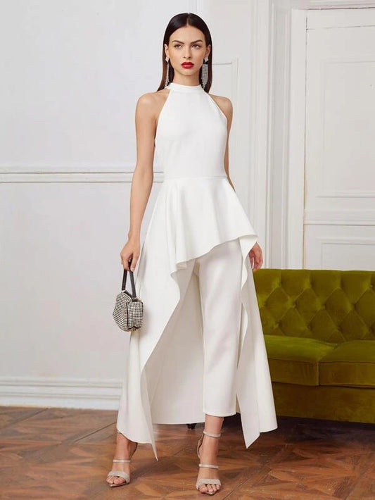 CM-JS202946 Women Elegant Seoul Style Zipper Back Solid Halter Jumpsuit With Skirt