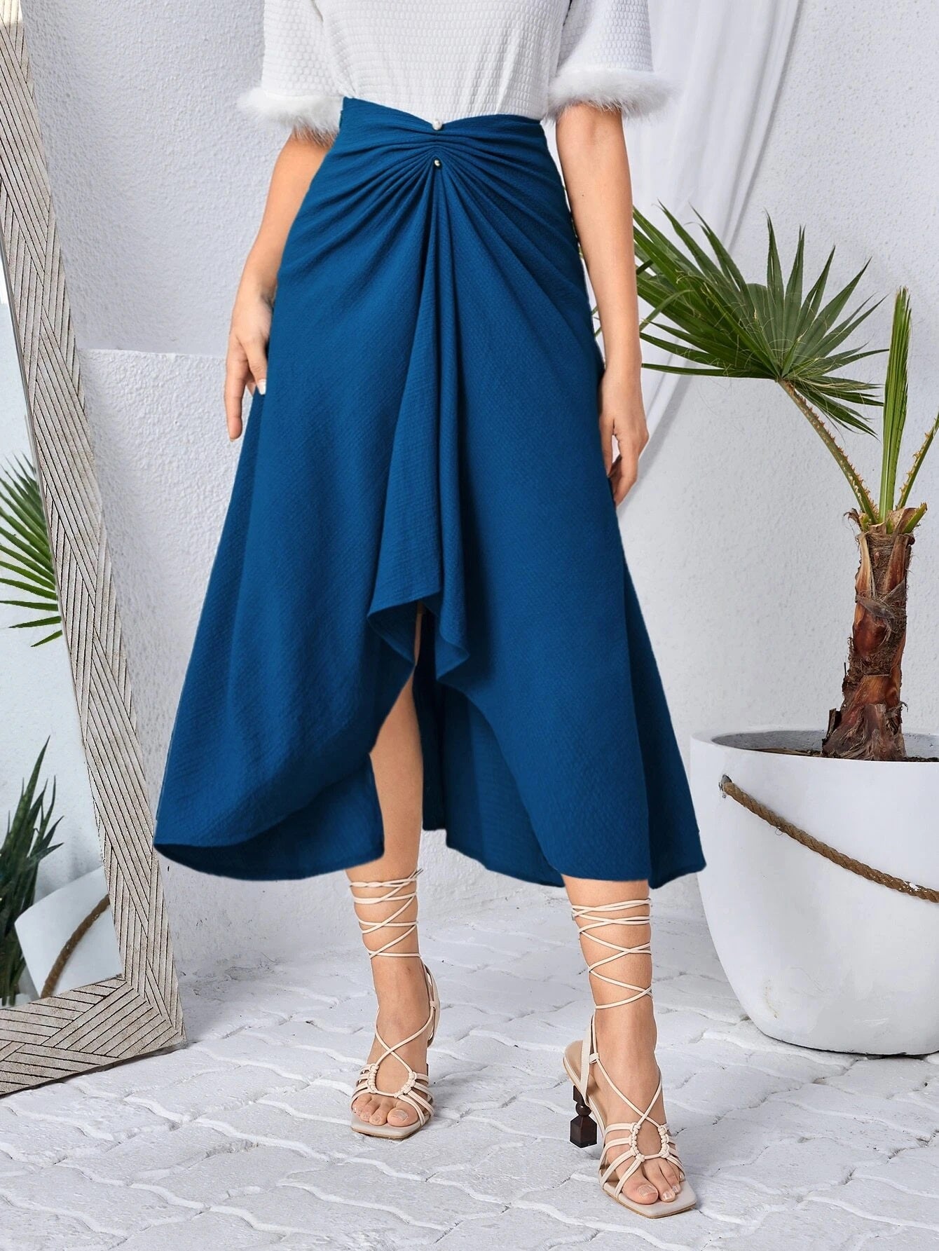 CM-BS248209 Women Elegant Seoul Style Twist Front Asymmetrical Hem Skirt - Navy Blue