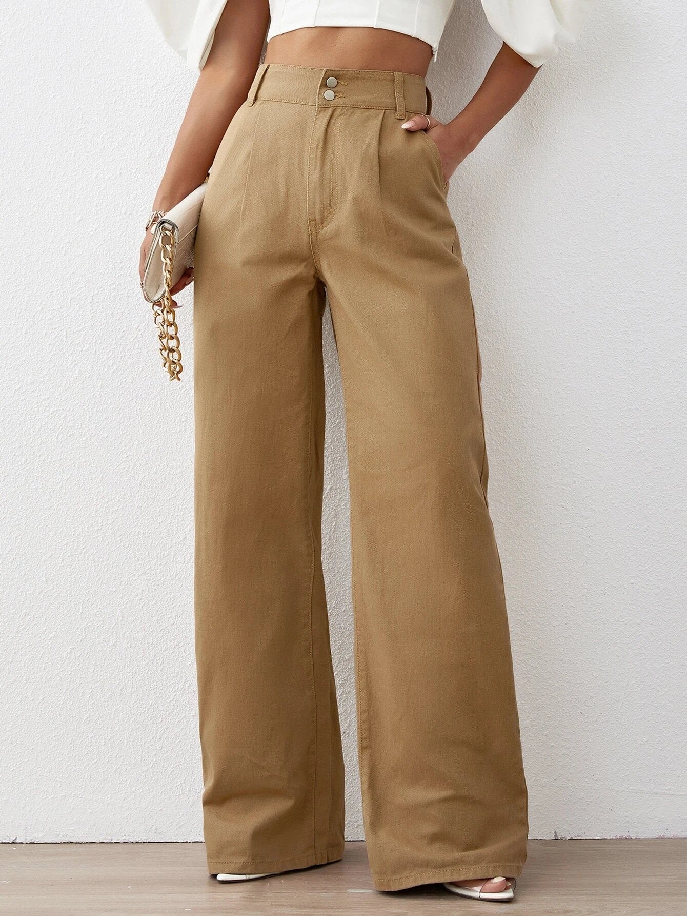 CM-BS228248 Women Preppy Seoul Style Solid High Waist Wide Leg Jeans - Brown