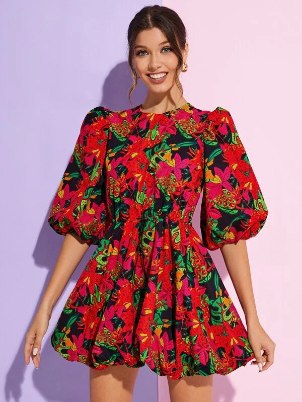 CM-DS961313 Women Trendy Bohemian Style Lantern Sleeve Tropical Print Dress